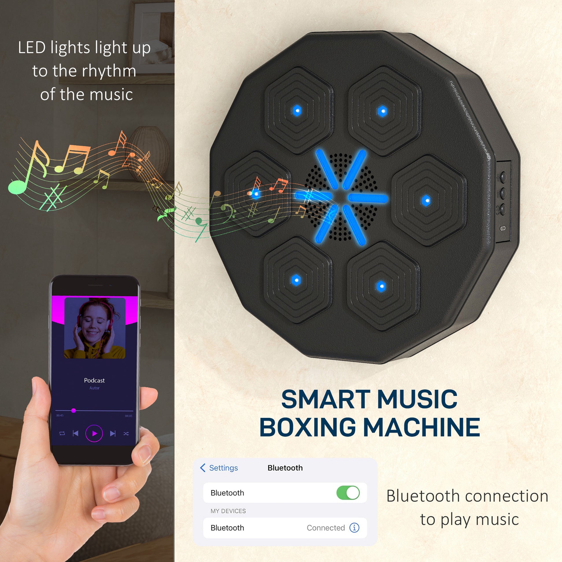 SPORTNOW Musical Boxing Machine with Bluetooth Connection and LED Light Smart, Wall Mounted-2